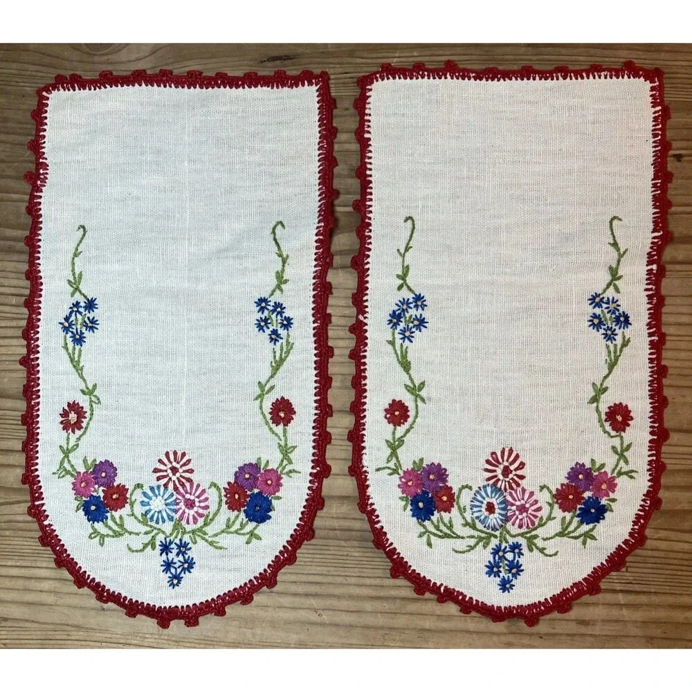 Vintage Arm Chair Covers Floral Embroidered Crocheted Edges
